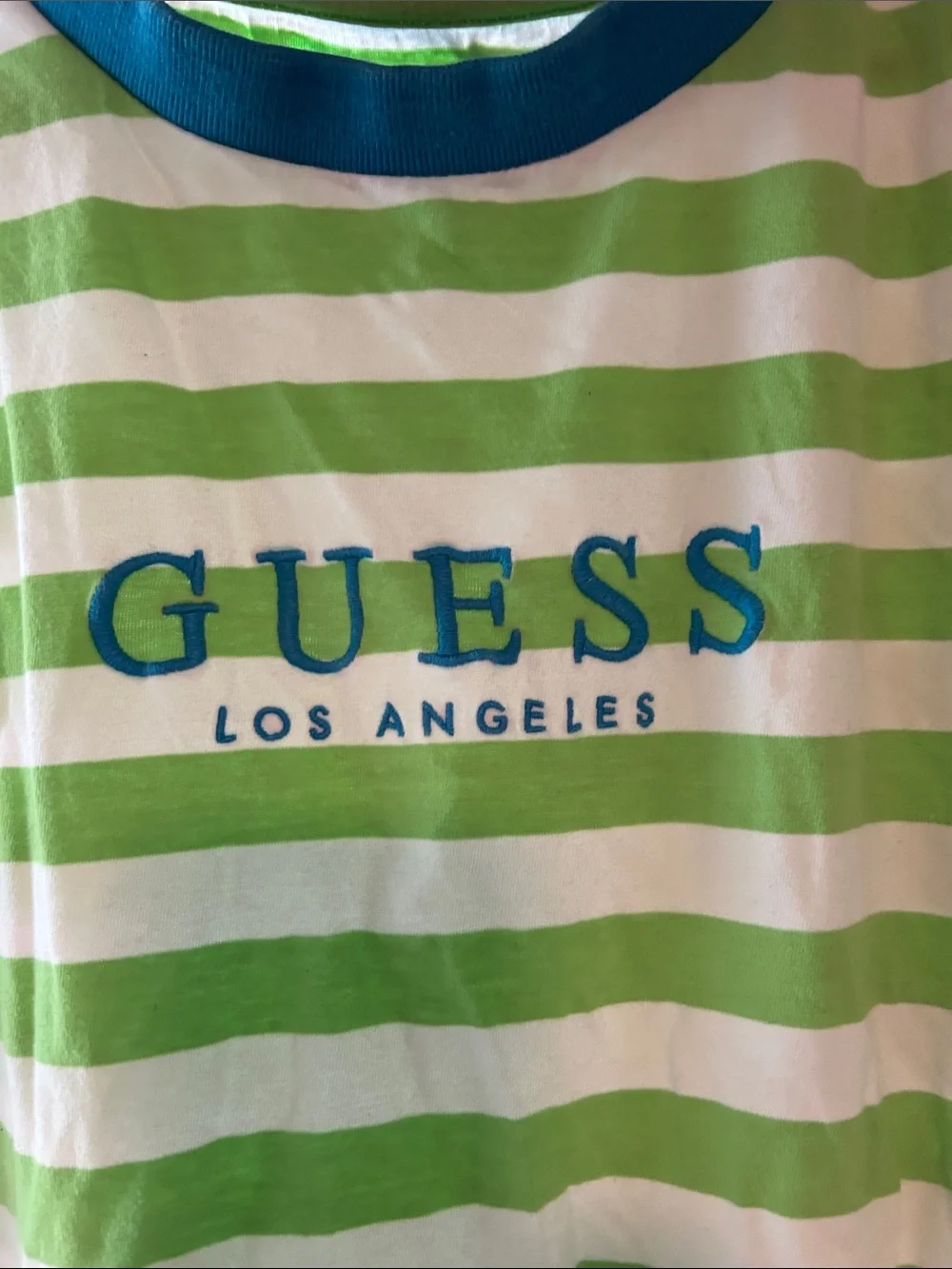 Vintage- GUESS Green and White Striped Tee with Blue Logo - Picture 2 of 6
